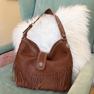 Elegant Brown Leather Hobo Bag with Fringe